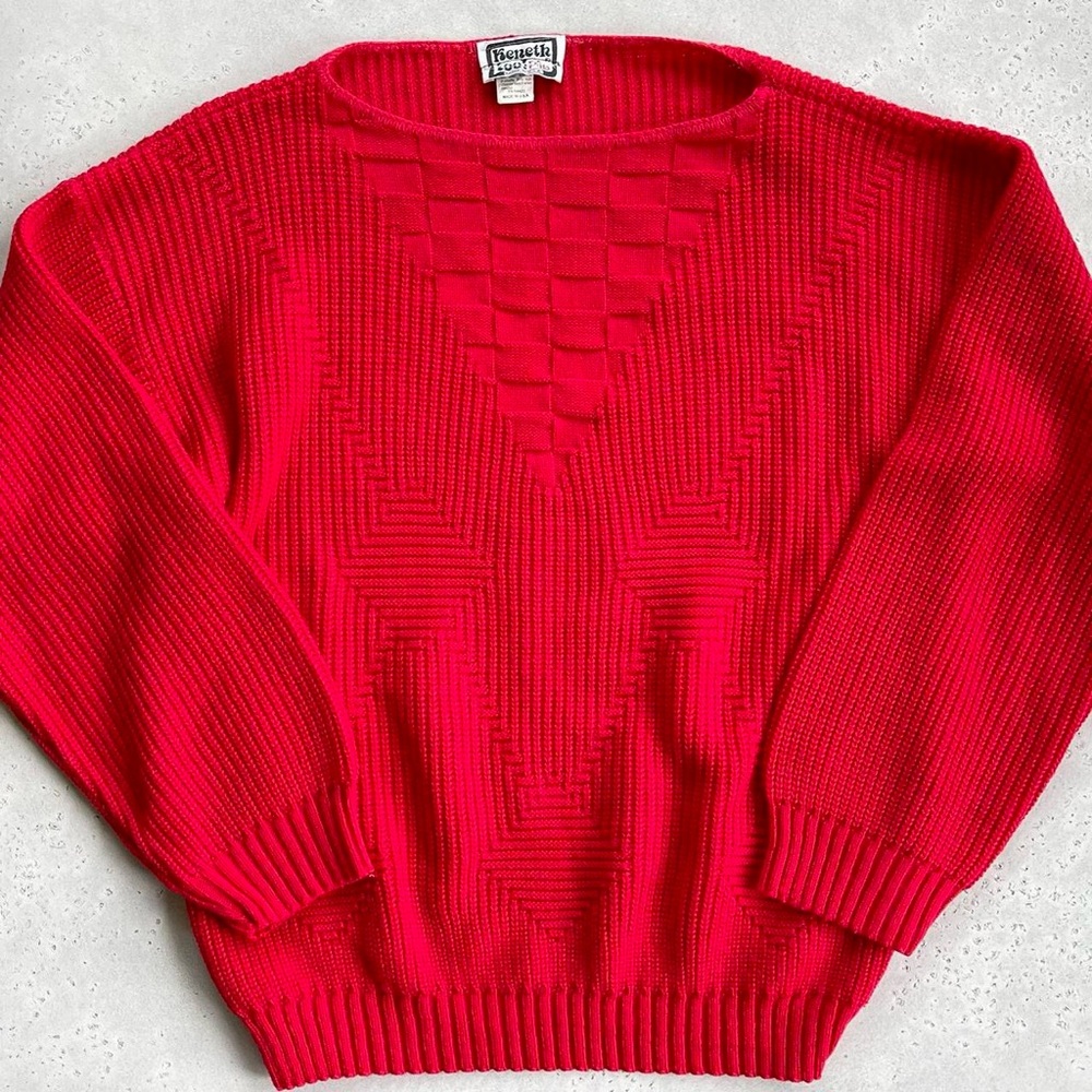 Vintage Kenneth Too Red Geometric Knit Boat Neck Sweater - Picture 5 of 6